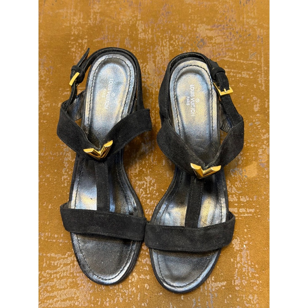 Louis Vuitton Black Suede V Logo T-Strap Block Heel Sandals Size 39 MA0164